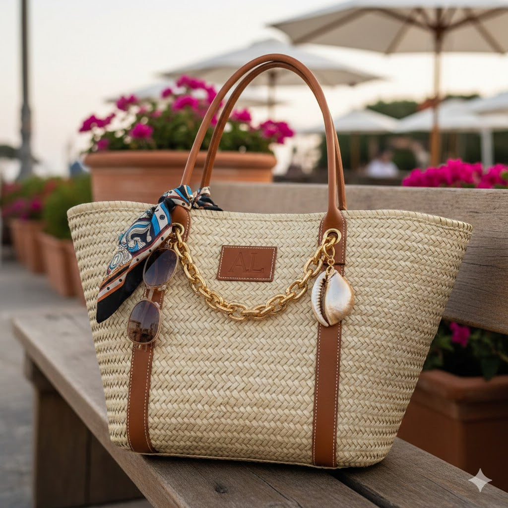 Woven handbag with brown straps on a wooden bench with blurred background